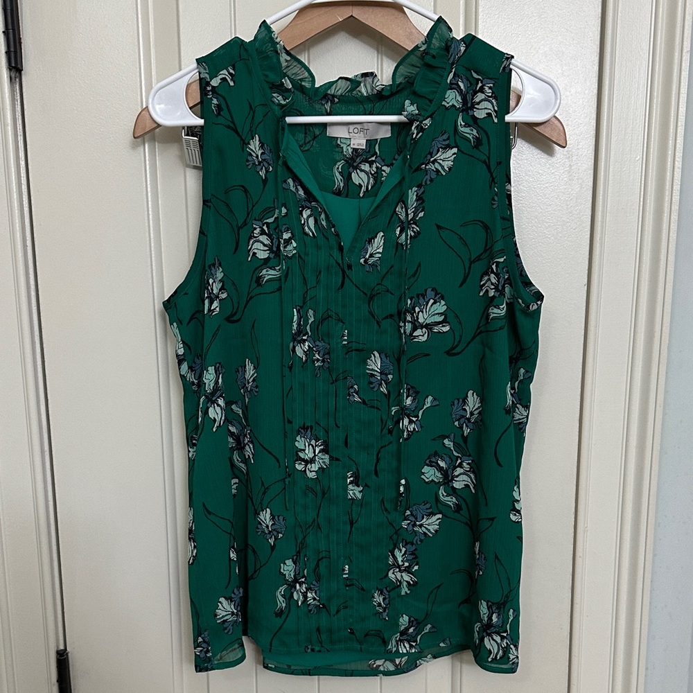 LOFT Emerald Floral Ruffle Neck Sleeveless Blouse